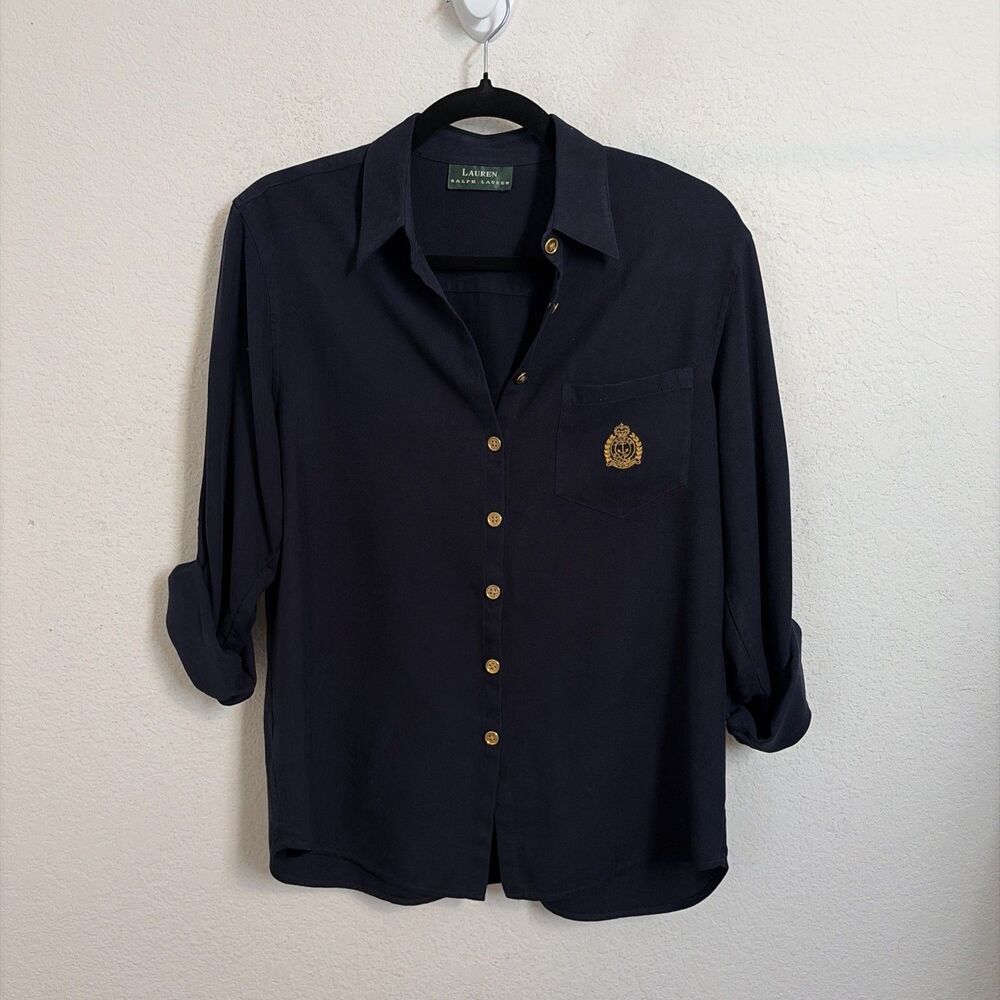 Ralph Lauren Womens L Navy Crest Button Up Blouse Old Money Quiet Luxury Preppy - Picture 2 of 7